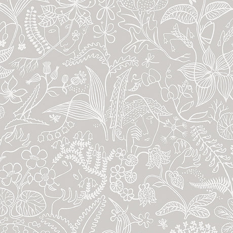 Grazia wallpaper in grey by Boråstapeter for Schumacher, featuring a whimsical garden motif with hidden faces and hands in a surrealist style.