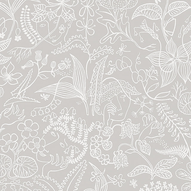 Grazia wallpaper in grey by Boråstapeter for Schumacher, featuring a whimsical garden motif with hidden faces and hands in a surrealist style.