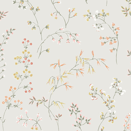 Delicately illustrated meadow flowers wallpaper in bone color by Boråstapeter for Schumacher, classic Nordic style.