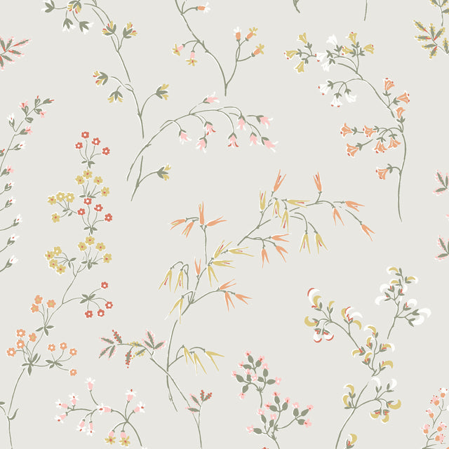 Delicately illustrated meadow flowers wallpaper in bone color by Boråstapeter for Schumacher, classic Nordic style.