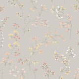 Delicately illustrated meadow flowers wallpaper in stone colorway, classic Nordic style by Boråstapeter for Schumacher.