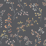 Charcoal wallpaper with delicately illustrated meadow flowers in various colors, classic Nordic style by Boråstapeter for Schumacher.