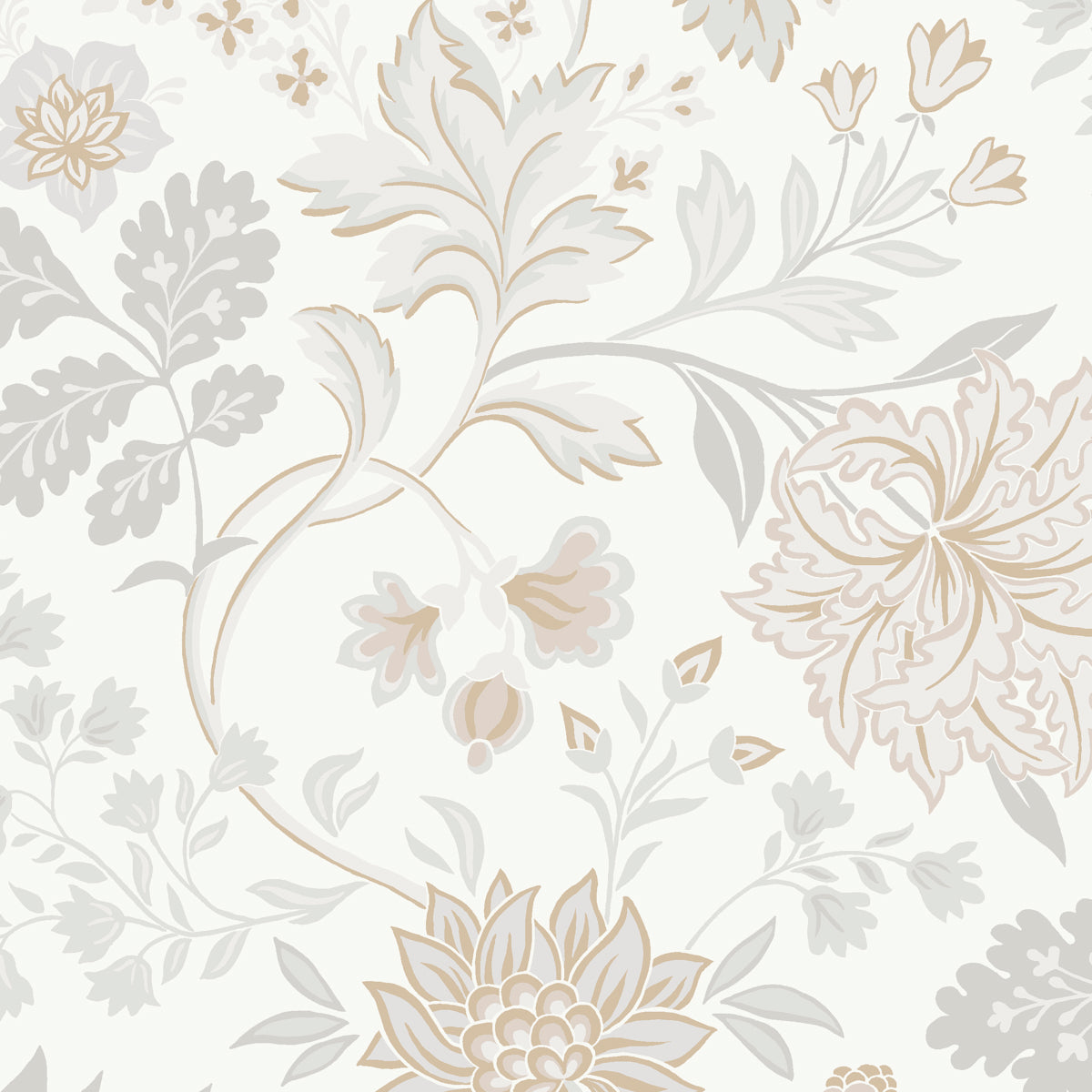 Alicia wallpaper by Boråstapeter for Schumacher in stone and gold, featuring a stylized floral pattern with relaxed charm.
