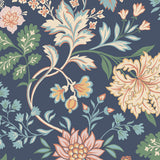 Alicia wallpaper by Boråstapeter for Schumacher, featuring a stylized floral pattern in navy, green, and pastel tones.