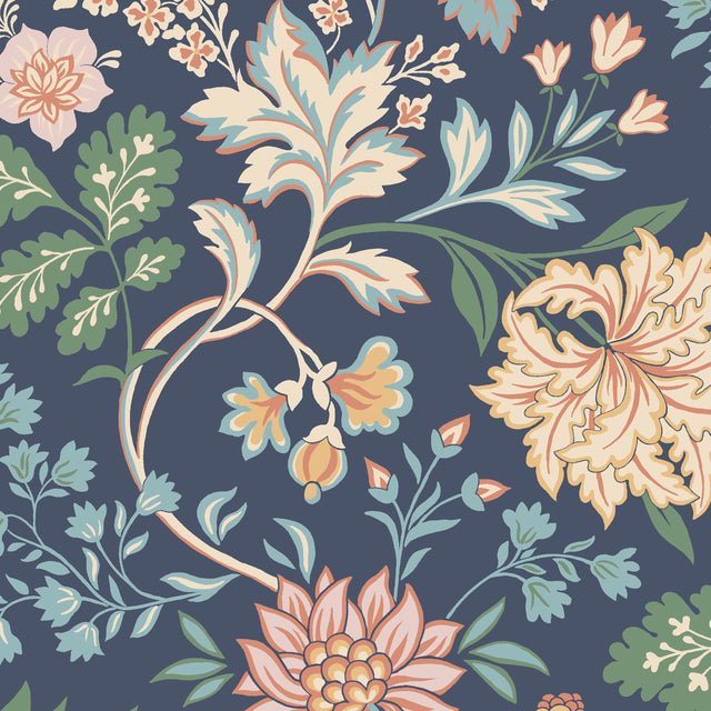 Alicia wallpaper by Boråstapeter for Schumacher, featuring a stylized floral pattern in navy, green, and pastel tones.