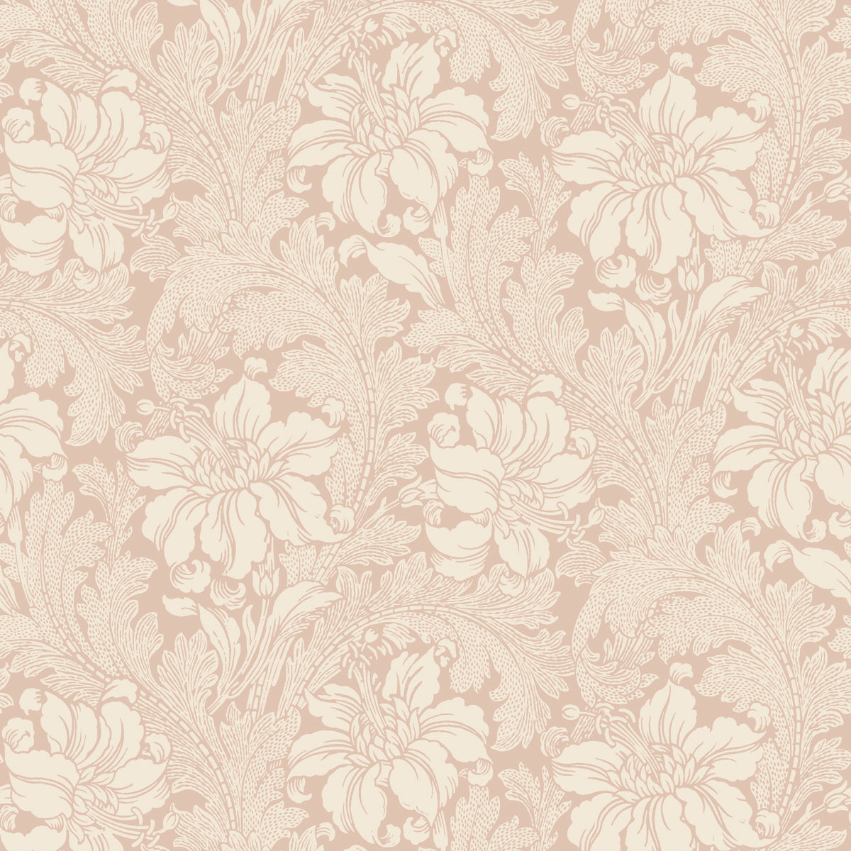 Acanthus Garden blush floral wallpaper by Boråstapeter for Schumacher, featuring elegant blooming flowers and leaves in a classic pattern.