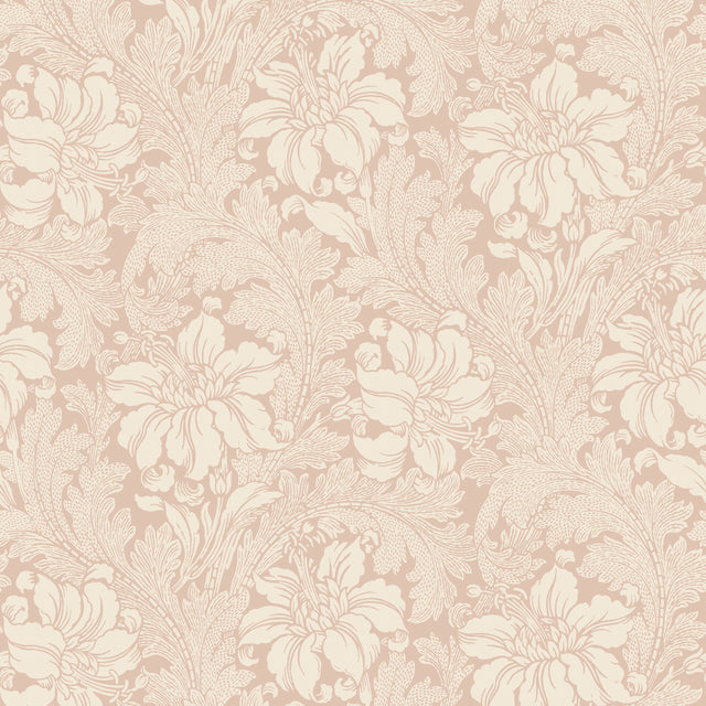 Acanthus Garden blush floral wallpaper by Boråstapeter for Schumacher, featuring elegant blooming flowers and leaves in a classic pattern.
