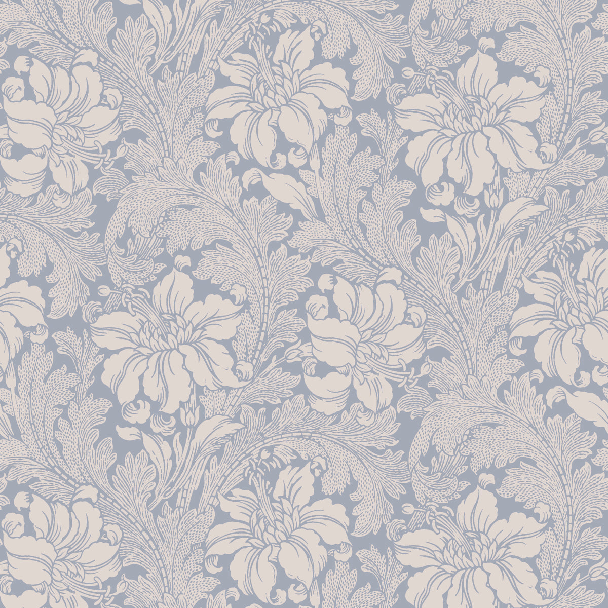 Acanthus Garden blue floral wallpaper by Boråstapeter for Schumacher, classic botanical wallcovering with large flowers and leaves.
