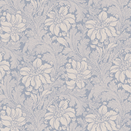 Acanthus Garden blue floral wallpaper by Boråstapeter for Schumacher, classic botanical wallcovering with large flowers and leaves.