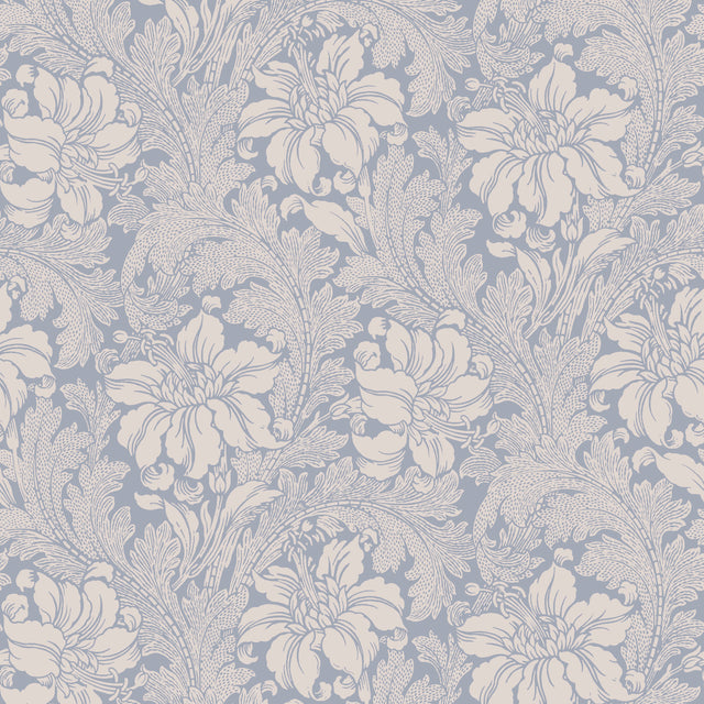 Acanthus Garden blue floral wallpaper by Boråstapeter for Schumacher, classic botanical wallcovering with large flowers and leaves.