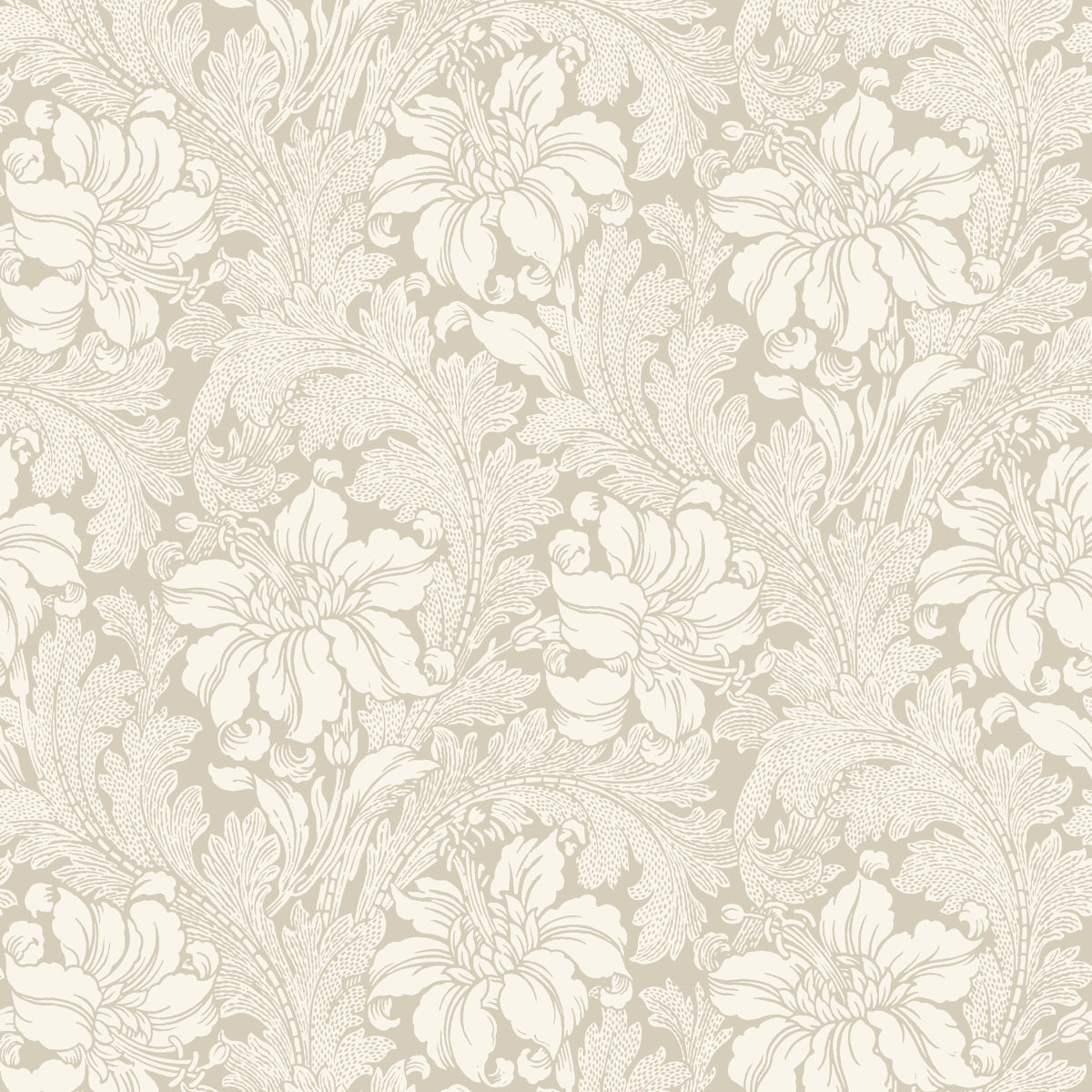 Acanthus Garden wallpaper in stone by Boråstapeter for Schumacher, featuring a classic floral and leaf pattern in neutral tones.