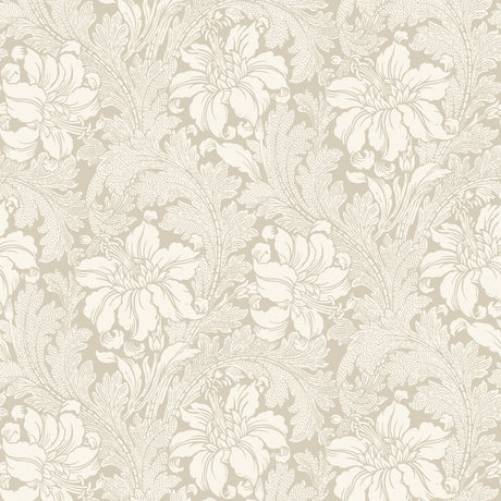Acanthus Garden wallpaper in stone by Boråstapeter for Schumacher, featuring a classic floral and leaf pattern in neutral tones.