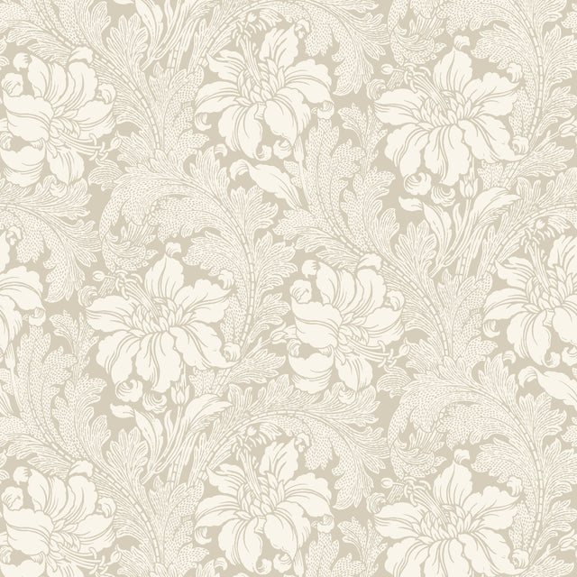 Acanthus Garden wallpaper in stone by Boråstapeter for Schumacher, featuring a classic floral and leaf pattern in neutral tones.
