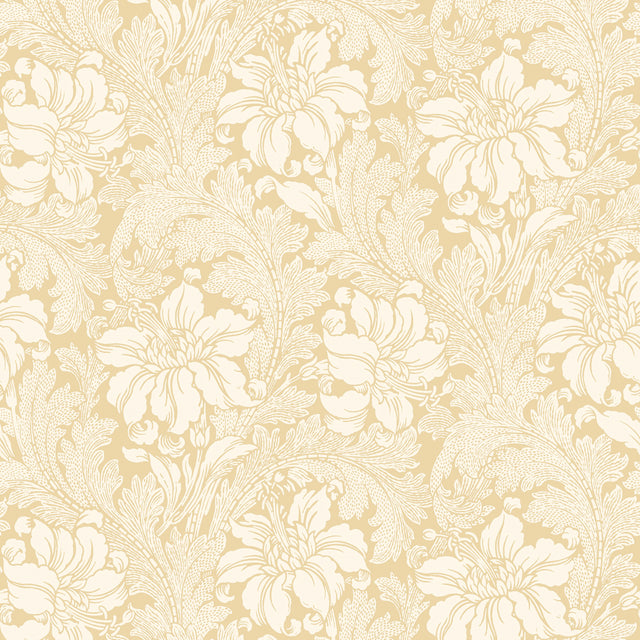 Acanthus Garden wallpaper in buttercup by Boråstapeter for Schumacher, featuring classic floral and leaf motifs in a soft yellow colorway.