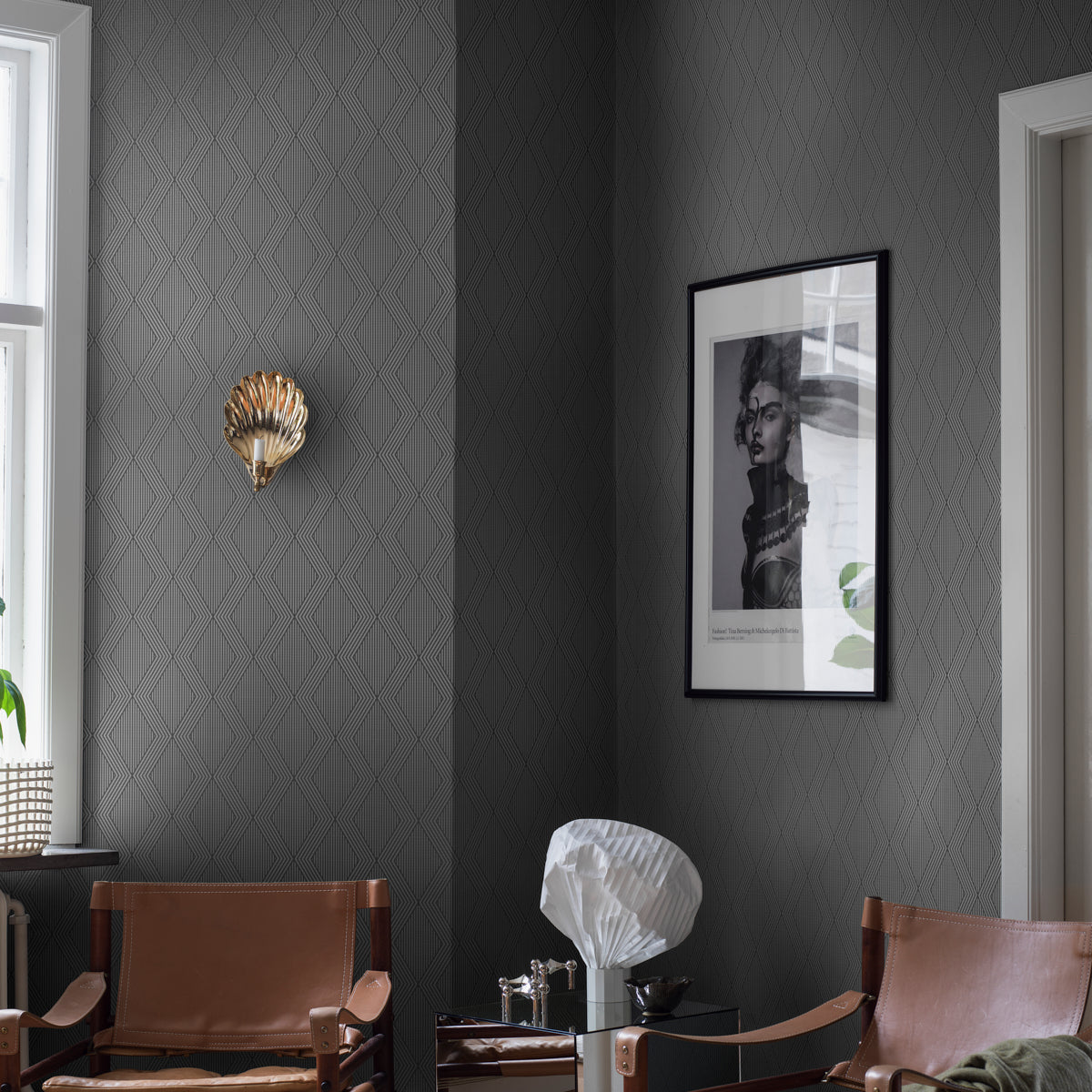 Garbo Slate and Gold Geometric Trellis Wallpaper by Boråstapeter – Schumacher 2013