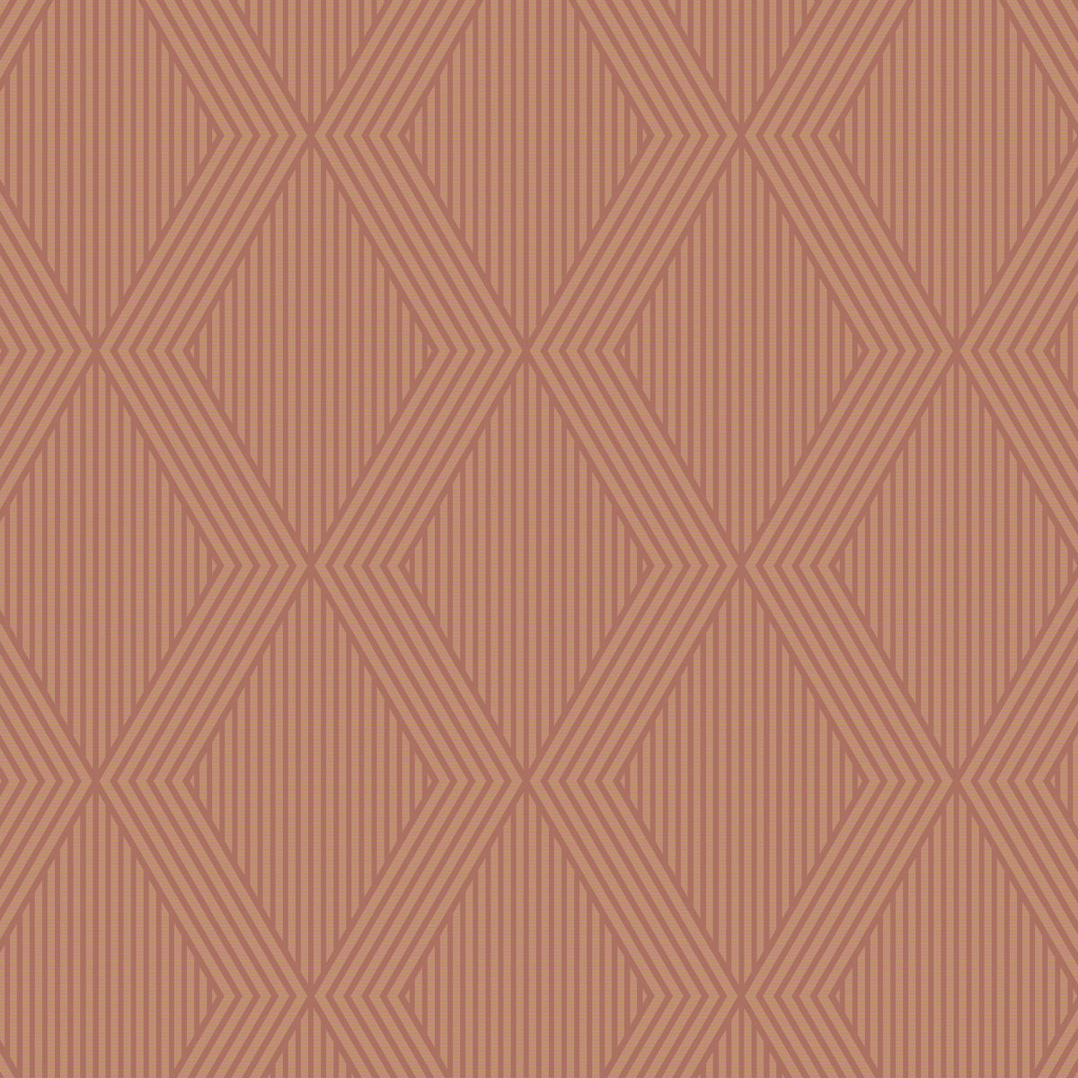Garbo terracotta and gold geometric trellis wallpaper by Boråstapeter for Schumacher, shown in close-up and styled interior view.