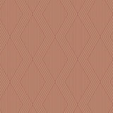 Garbo terracotta and gold geometric trellis wallpaper by Boråstapeter for Schumacher, shown in close-up and styled interior view.