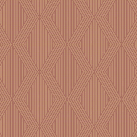 Garbo terracotta and gold geometric trellis wallpaper by Boråstapeter for Schumacher, shown in close-up and styled interior view.