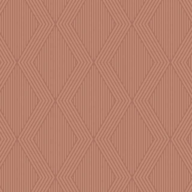 Garbo terracotta and gold geometric trellis wallpaper by Boråstapeter for Schumacher, shown in close-up and styled interior view.