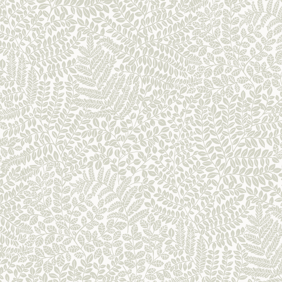 Bladverk Sage by Boråstapeter botanical wallpaper with delicate leaves in a Scandinavian midcentury modern style, shown in a kitchen setting.