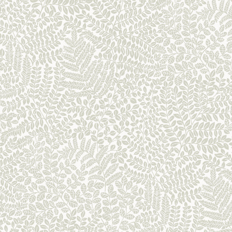 Bladverk Sage by Boråstapeter botanical wallpaper with delicate leaves in a Scandinavian midcentury modern style, shown in a kitchen setting.