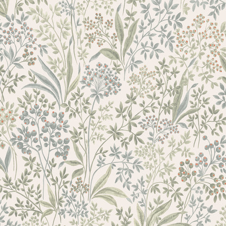 Nocturne Sage by Boråstapeter botanical wallpaper with small-scale flowering botanicals and berries in green and muted tones