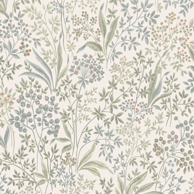 Nocturne Sage by Boråstapeter botanical wallpaper with small-scale flowering botanicals and berries in green and muted tones