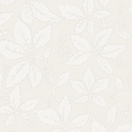Vildvin Bone botanical wallpaper by Boråstapeter for Schumacher, featuring Virginia vine leaves and berries in a soft neutral palette.