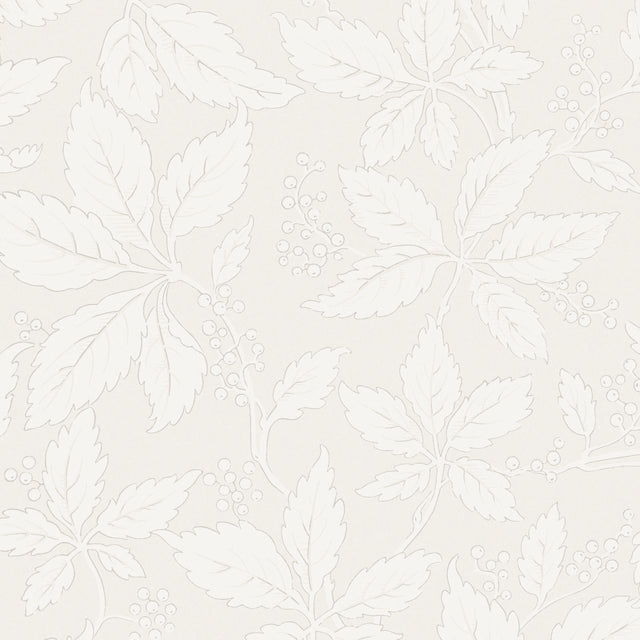 Vildvin Bone botanical wallpaper by Boråstapeter for Schumacher, featuring Virginia vine leaves and berries in a soft neutral palette.