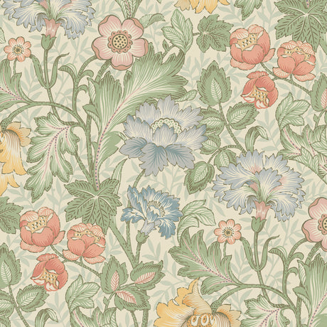 Jane Mural wallpaper by Boråstapeter in Leaf colorway, featuring vintage-inspired floral and foliage design in green, blue, yellow, and pink tones.