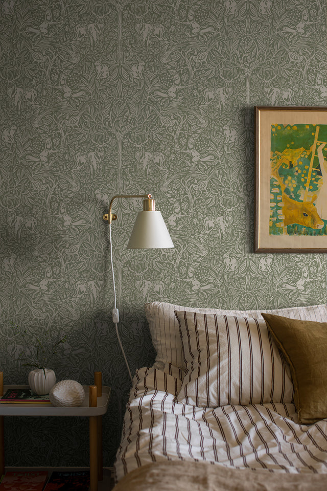 Under the Elder Tree Sage by Boråstapeter Whimsical Forest Animal Wallpaper – Schumacher 2046