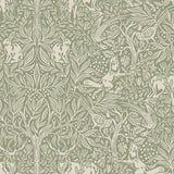 Under the Elder Tree wallpaper in sage by Boråstapeter for Schumacher, featuring whimsical forest animals and lush foliage in a symmetrical, detailed design.