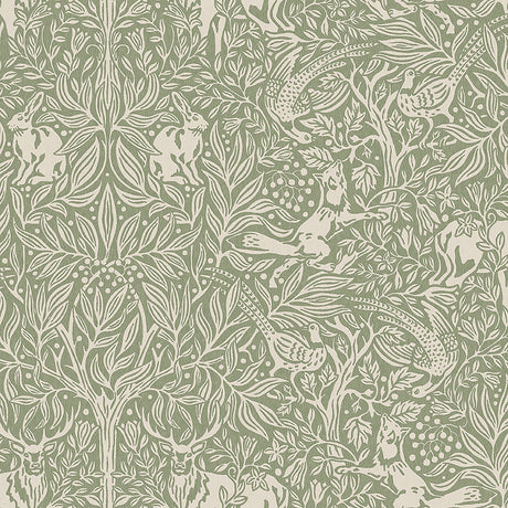 Under the Elder Tree wallpaper in sage by Boråstapeter for Schumacher, featuring whimsical forest animals and lush foliage in a symmetrical, detailed design.