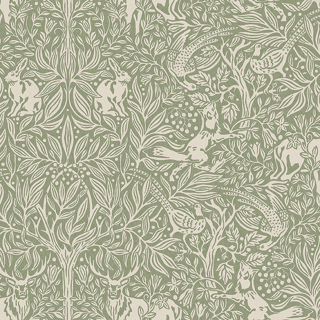Under the Elder Tree wallpaper in sage by Boråstapeter for Schumacher, featuring whimsical forest animals and lush foliage in a symmetrical, detailed design.