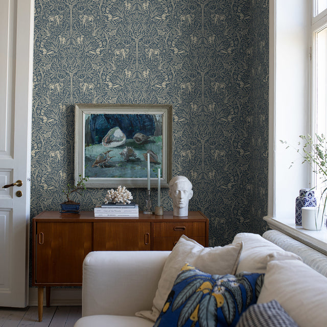 Under the Elder Tree Midnight by Boråstapeter Whimsical Forest Animal Wallpaper – Schumacher 2047
