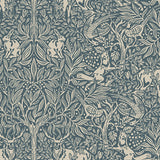 Under the Elder Tree wallpaper in Midnight by Boråstapeter for Schumacher, featuring whimsical forest animals and foliage in a detailed, symmetrical pattern.
