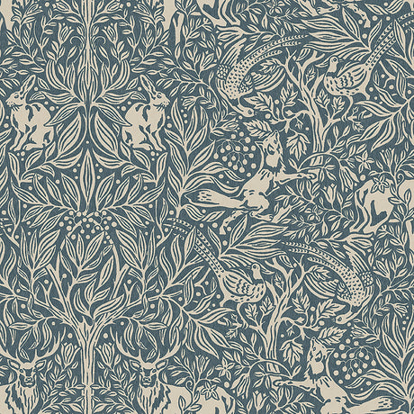Under the Elder Tree wallpaper in Midnight by Boråstapeter for Schumacher, featuring whimsical forest animals and foliage in a detailed, symmetrical pattern.