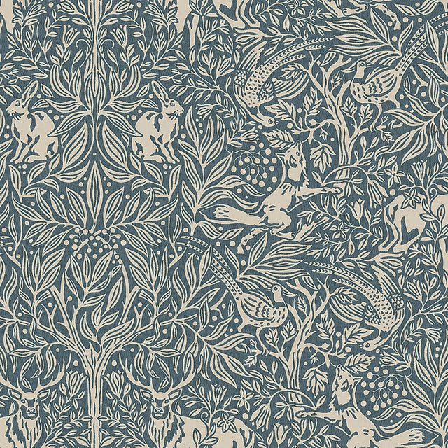 Under the Elder Tree wallpaper in Midnight by Boråstapeter for Schumacher, featuring whimsical forest animals and foliage in a detailed, symmetrical pattern.