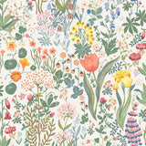 Blomsterhav wallpaper by Boråstapeter for Schumacher, featuring a colorful botanical floral pattern with sweet peas, lilies, lupines, and strawberries.