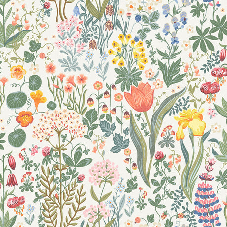 Blomsterhav wallpaper by Boråstapeter for Schumacher, featuring a colorful botanical floral pattern with sweet peas, lilies, lupines, and strawberries.