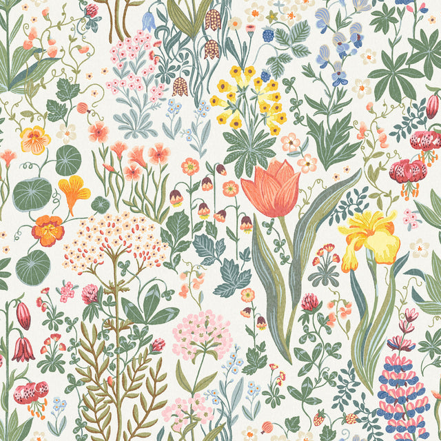 Blomsterhav wallpaper by Boråstapeter for Schumacher, featuring a colorful botanical floral pattern with sweet peas, lilies, lupines, and strawberries.