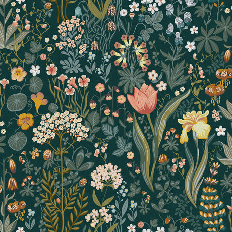Blomsterhav wallpaper by Boråstapeter for Schumacher, featuring a vibrant botanical floral pattern in spruce green with colorful flowers.
