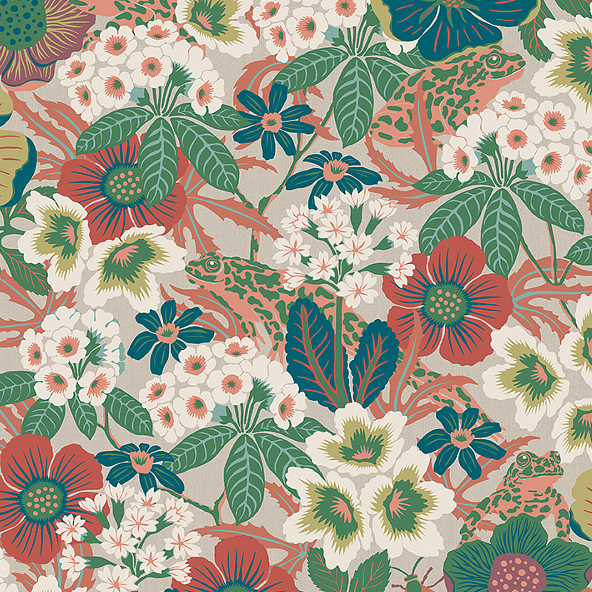 Kvackstepp wallpaper in multi by Boråstapeter for Schumacher, whimsical floral and animal print with frogs and bees.