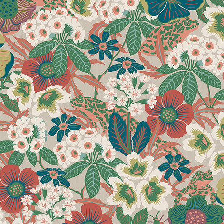Kvackstepp wallpaper in multi by Boråstapeter for Schumacher, whimsical floral and animal print with frogs and bees.