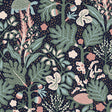 Midnight-colored whimsical Scandinavian wallpaper with tortoise and surreal forest by Boråstapeter for Schumacher