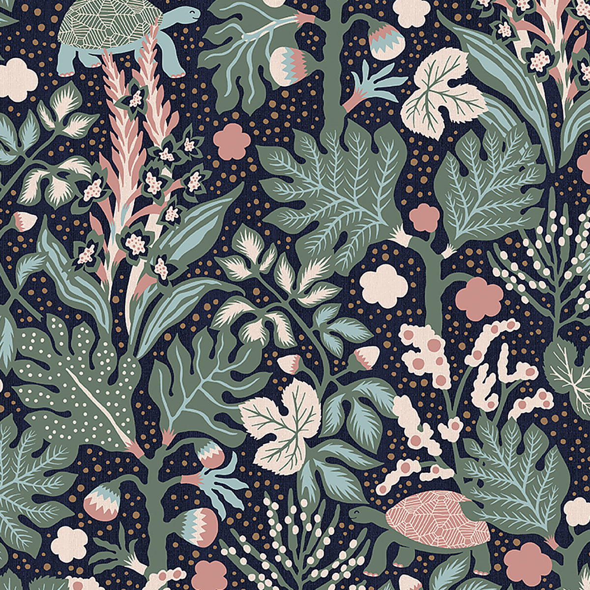 Midnight-colored whimsical Scandinavian wallpaper with tortoise and surreal forest by Boråstapeter for Schumacher