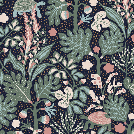 Midnight-colored whimsical Scandinavian wallpaper with tortoise and surreal forest by Boråstapeter for Schumacher