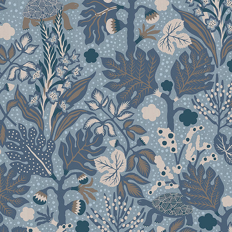 Blue whimsical Scandinavian wallpaper with tortoise and forest botanical motifs by Boråstapeter for Schumacher