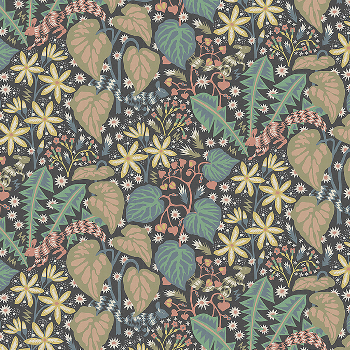 Zingkorre Mural wallpaper in Midnight Multi by Boråstapeter for Schumacher, featuring playful squirrels, foliage, and flowers in a dense, whimsical pattern.