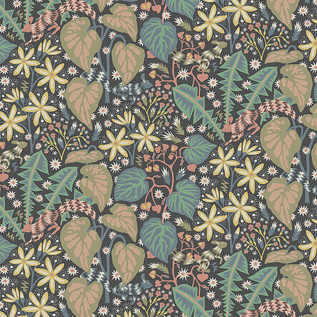 Zingkorre Mural wallpaper in Midnight Multi by Boråstapeter for Schumacher, featuring playful squirrels, foliage, and flowers in a dense, whimsical pattern.